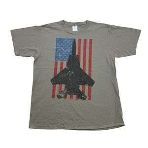 F-15 Fighter Jet Shirt Mens Large L Gray American Flag Short Sleeve Cotton